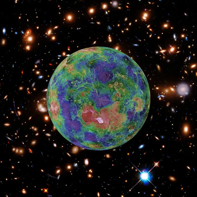 Illustration of a mottled green and purple planet against a dense field of stars